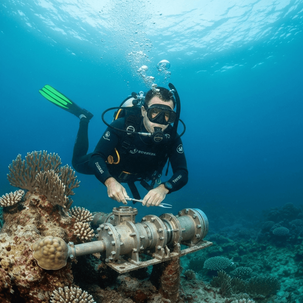 Professional diver replacing lake pump motor underwater