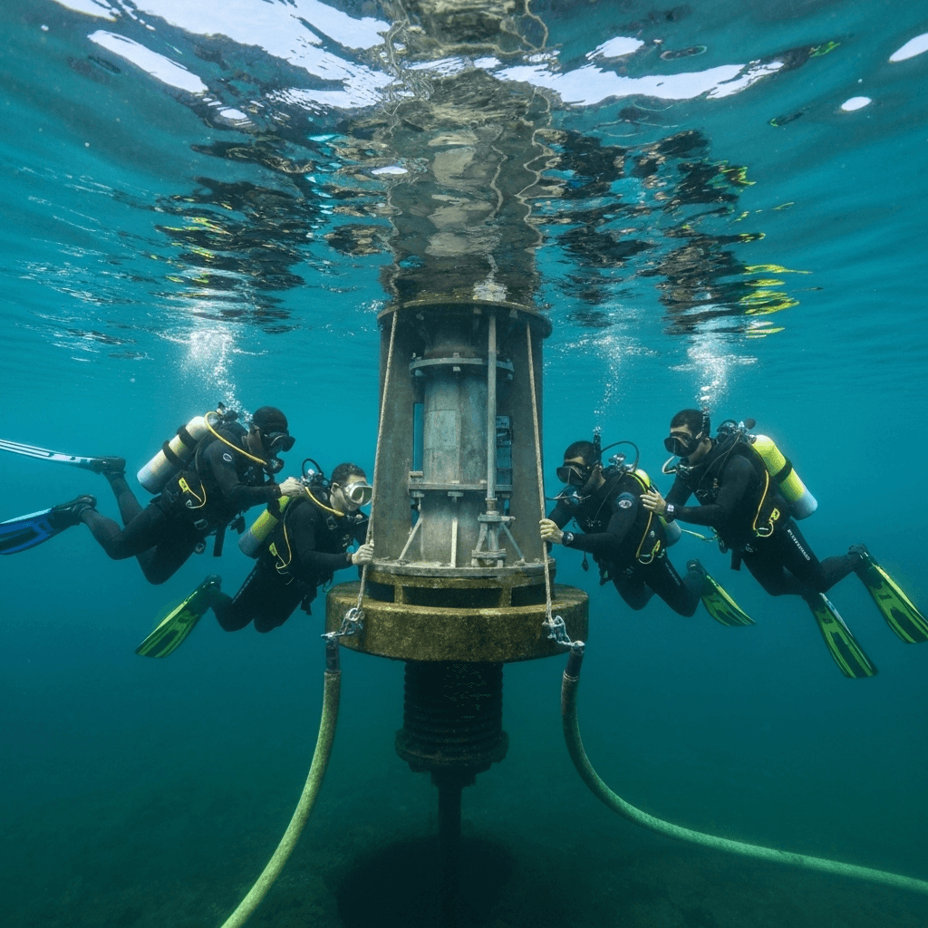 Professional diving team working together underwater