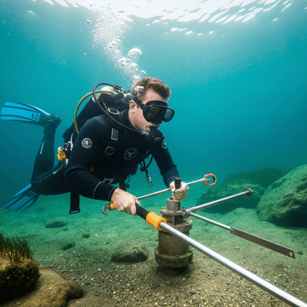 Professional diver installing lake pump underwater